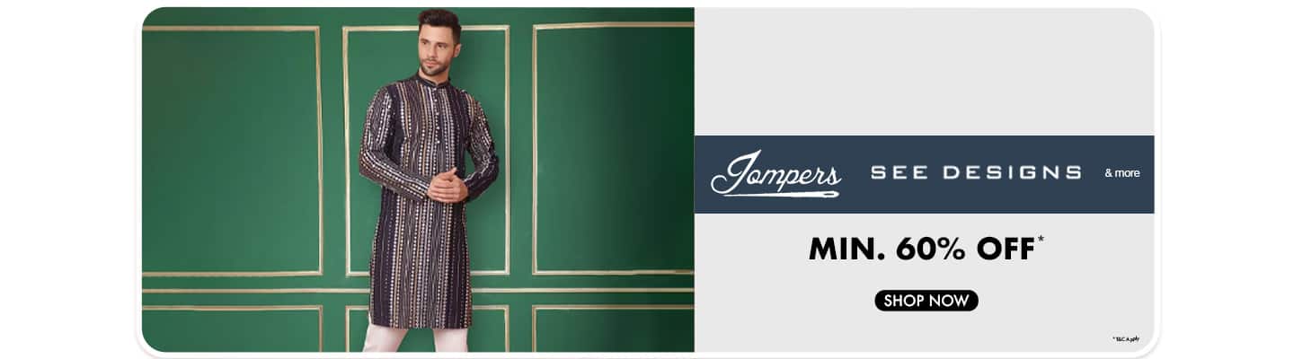 Minimum sixty percent off on Jompers men's dark patterned kurta and light pants. See designs and more.
